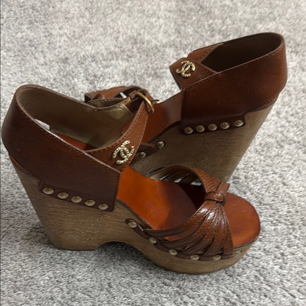 CHANEL Brown Leather Wedge Sandals with Vintage Design